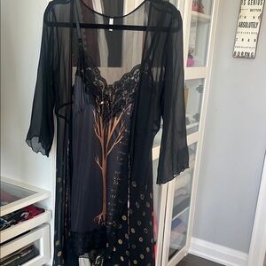 Black Sheer Kimono with Tree Design with sheer bathrobe set